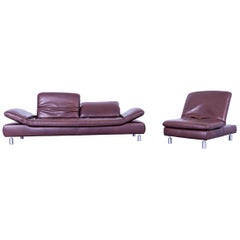 Koinor Rivoli Designer Leather Sofa Set + Foot-stool Brown Three-Seater Couch