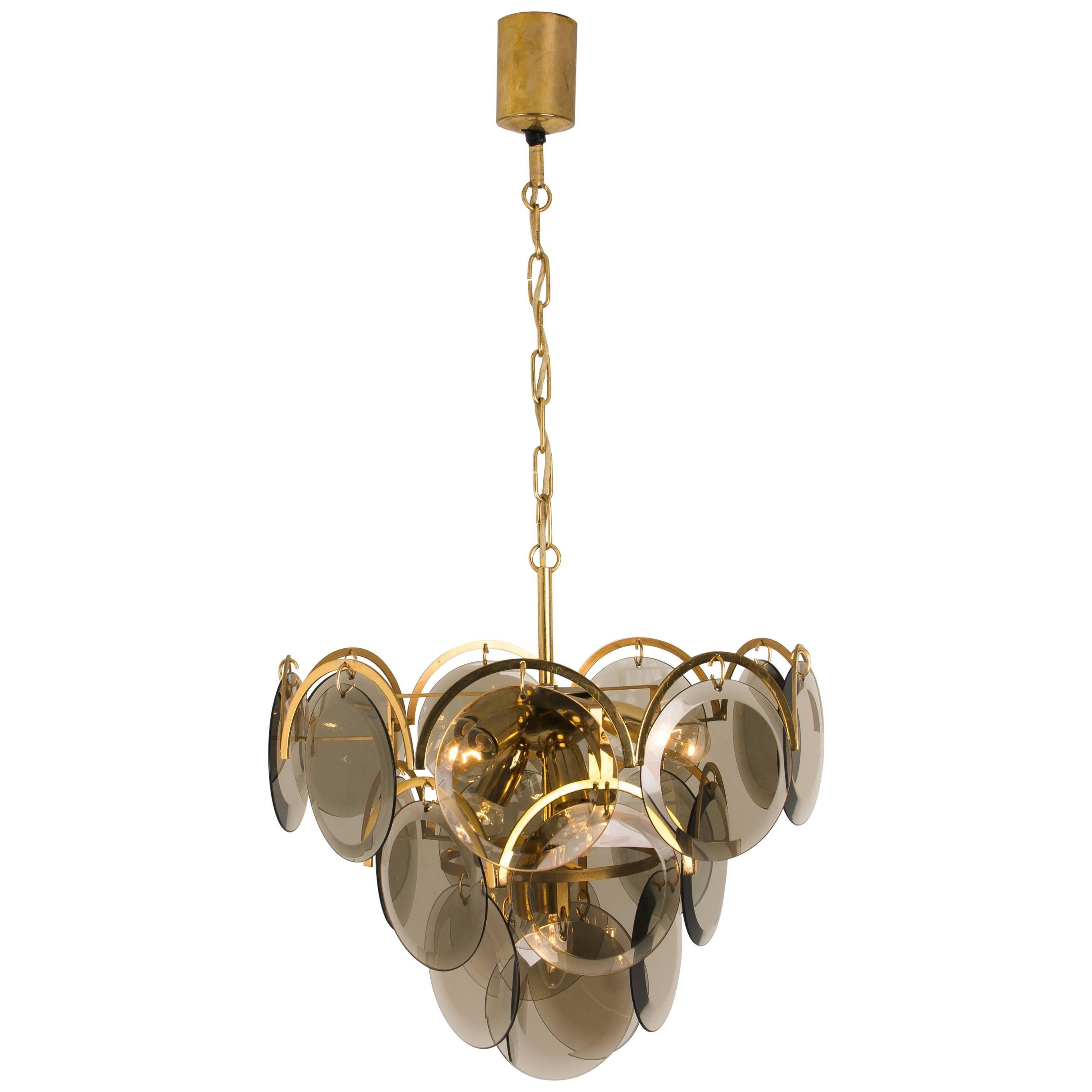 Mid-Century Modern Smoked Glass and Brass Chandelier Attributed to Vistosi, Italy, 1970s