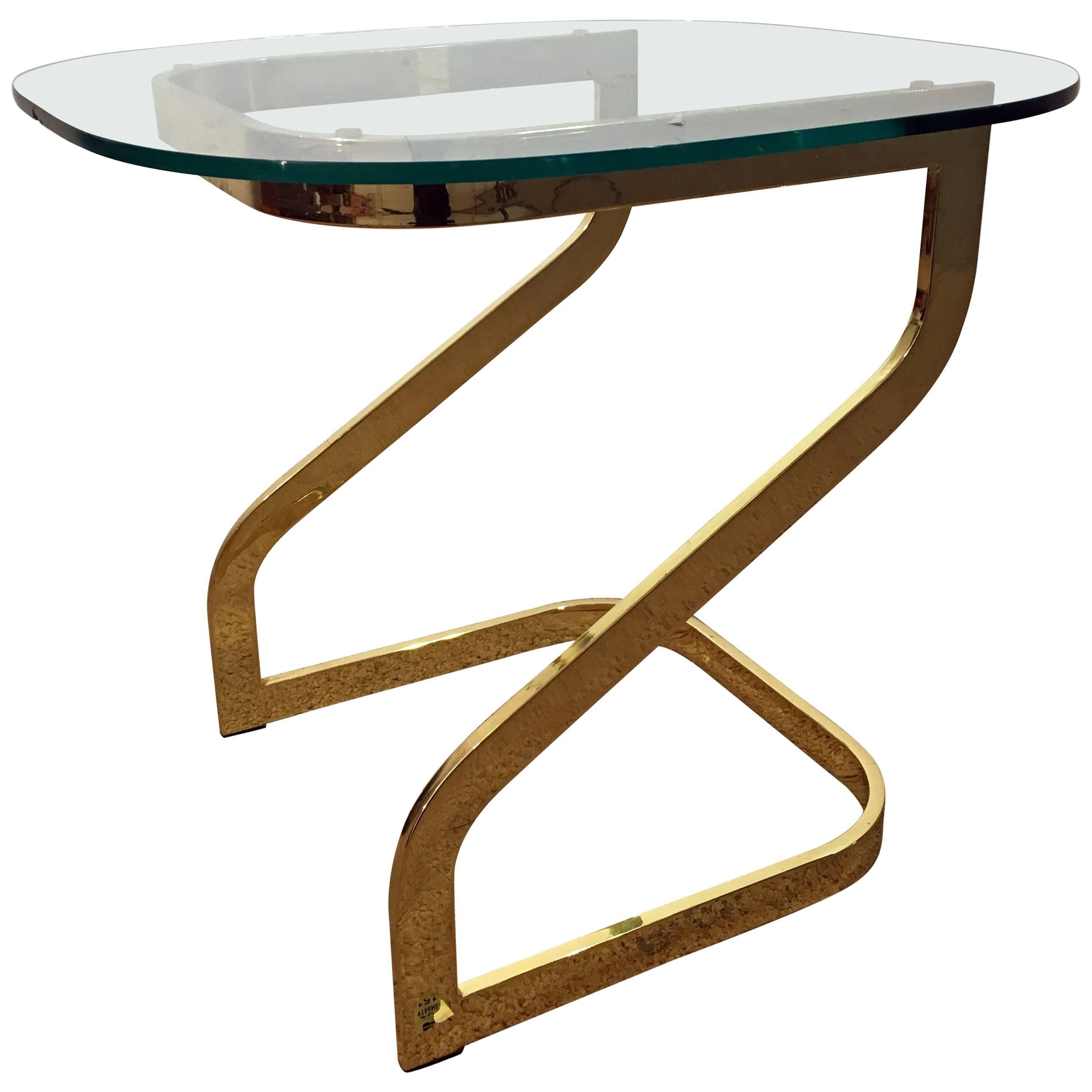 Mid-Century Modern Milo Baughman Golden Chrome Glass-Top End Table
