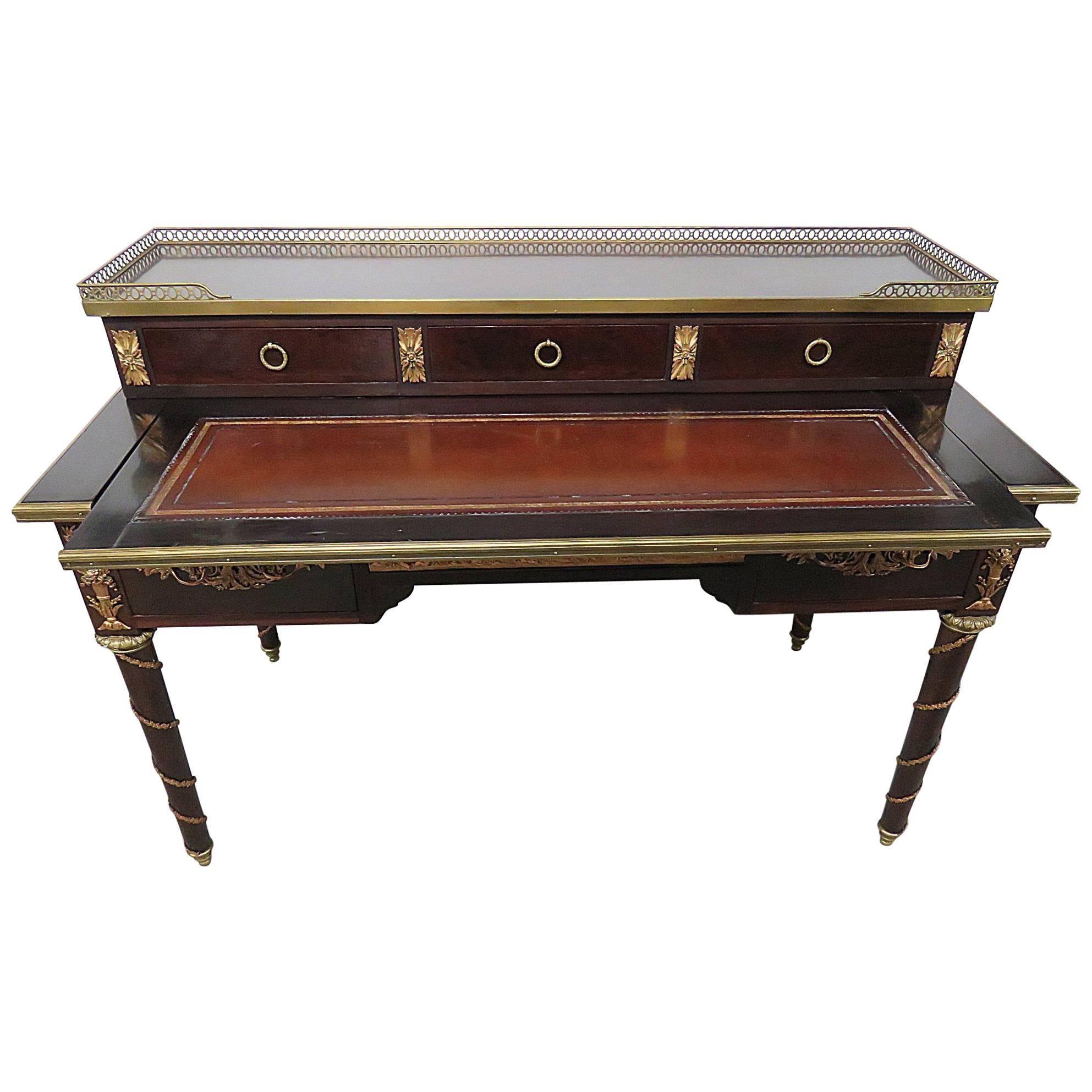 Bronze Mounted Mahogany French Louis XVI Style Leather Top Writing Table Desk