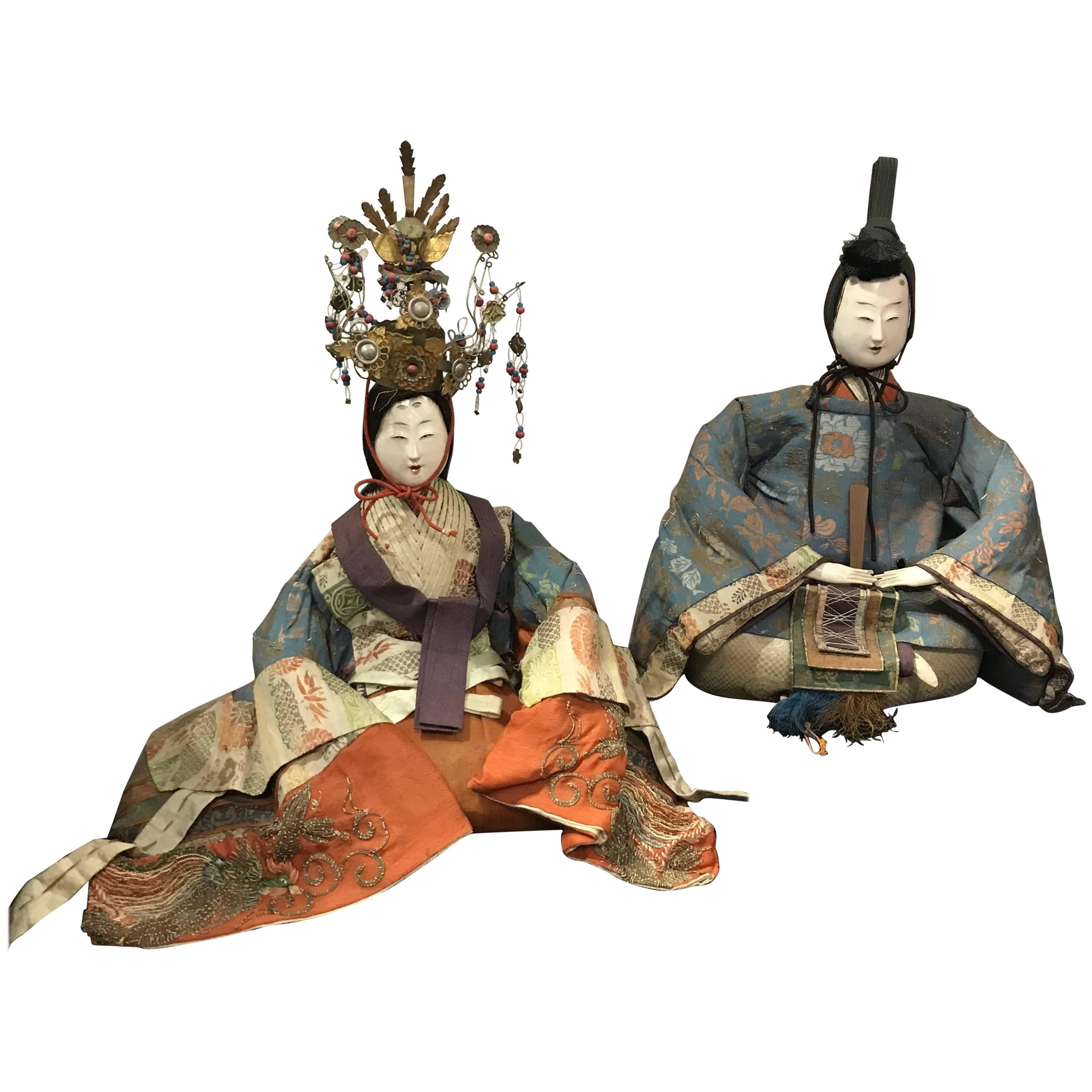 Japanese Signed Pair Tall  Imperial Princess & Prince Dolls, Edo Period 1840