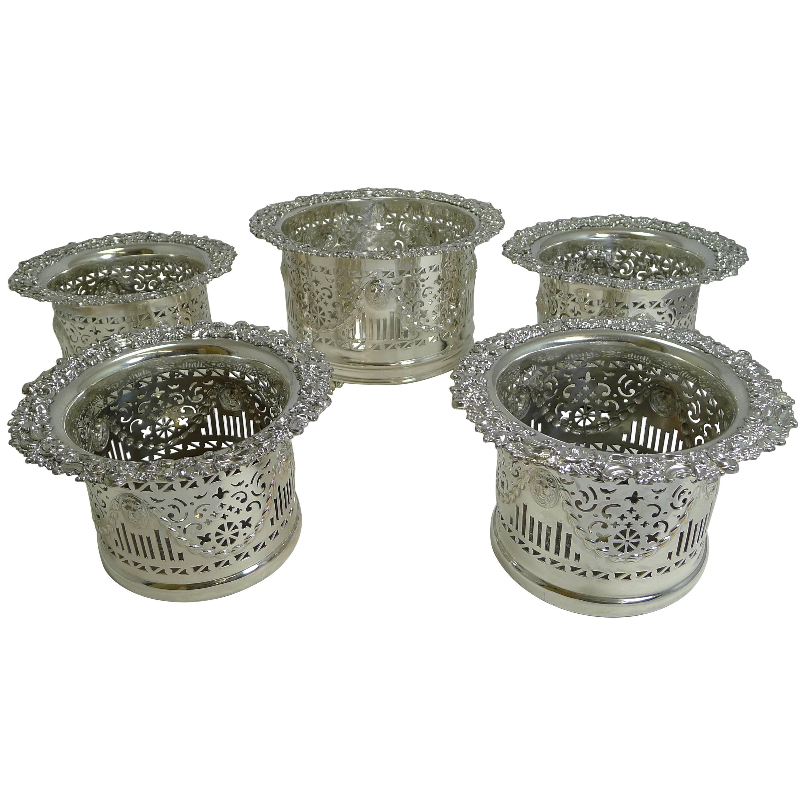 Suite Five Antique English Silver Plated Wine / Champagne Coasters or Holders C