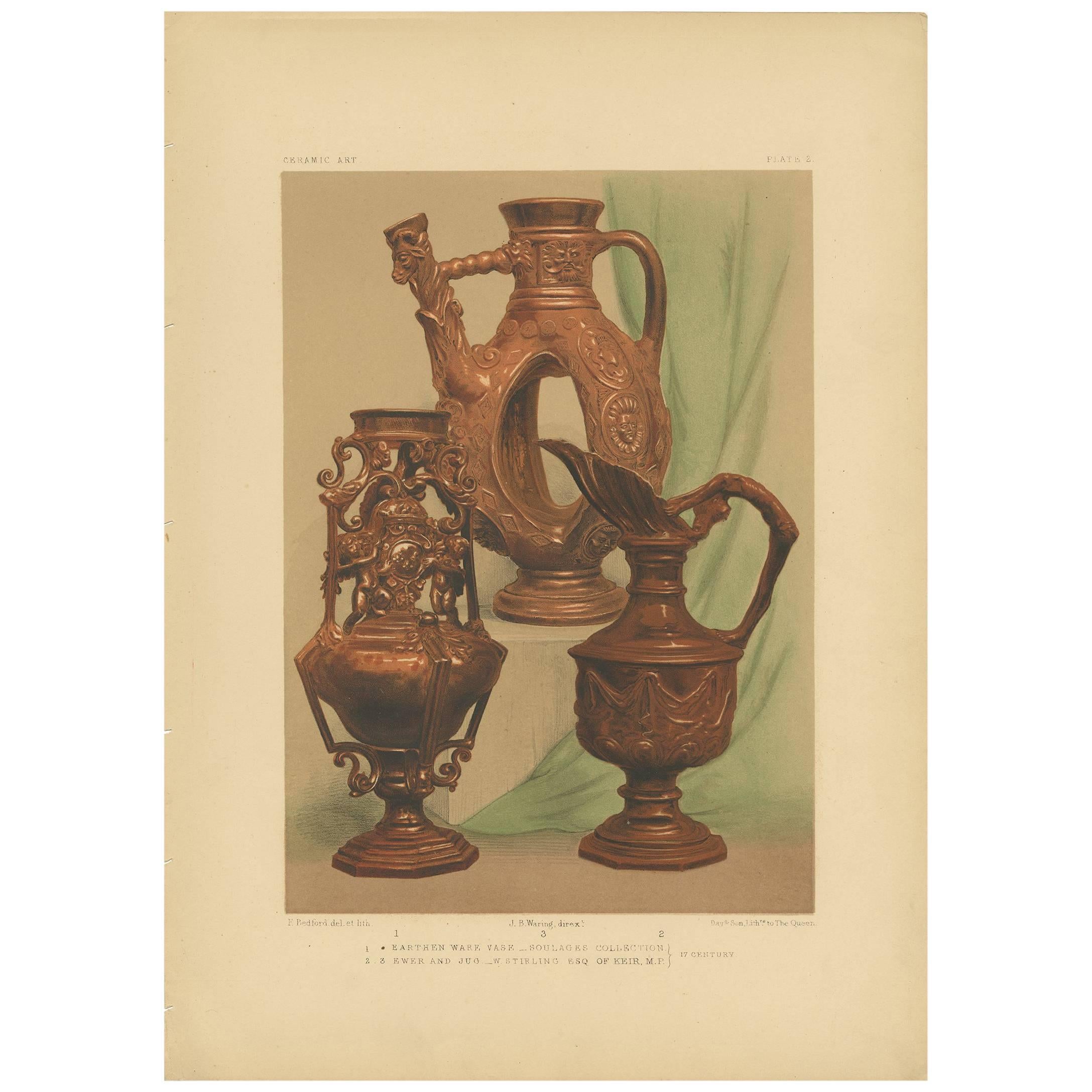 Pl. 2 Antique Print of an Earthenware Vase by Bedford, circa 1857 For Sale