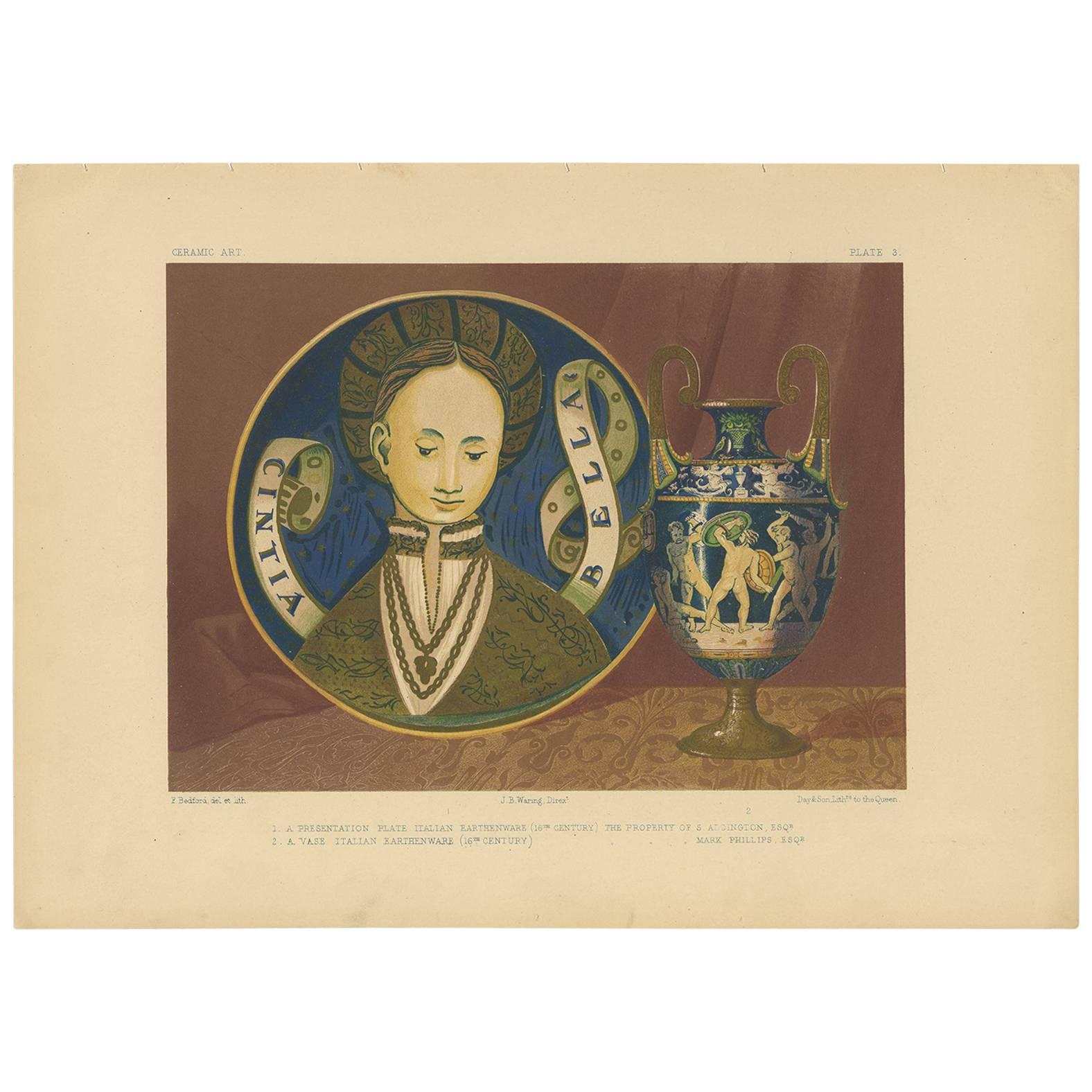 Pl. 3 Antique Print of Italian Earthenware by Bedford, circa 1857 For Sale