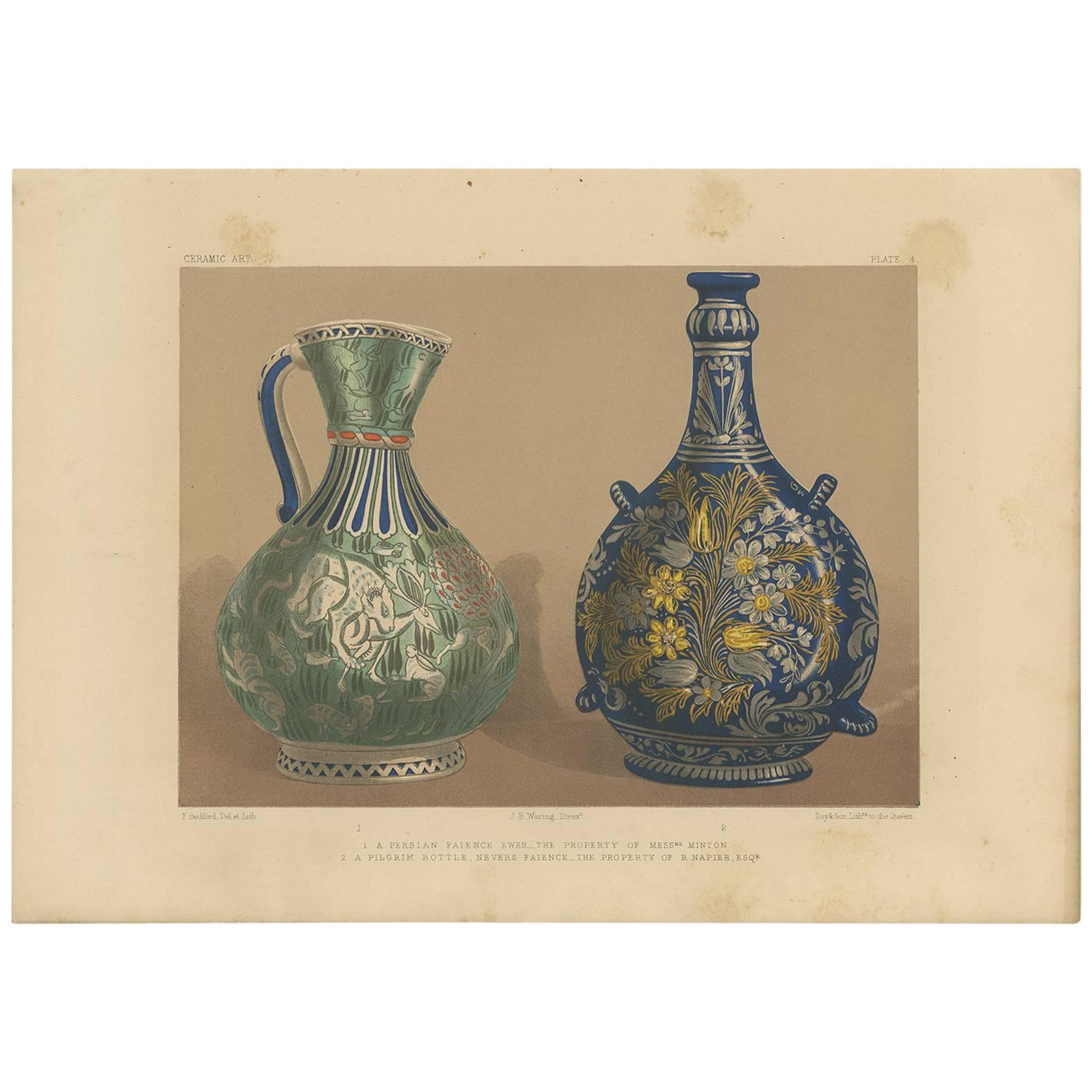 Pl. 4 Antique Print of a Persian Faience & Pilgrim Bottle by Bedford, circa 1857 For Sale