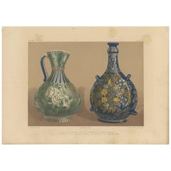 Impression ancienne Pl. 4 d'une bouteille persane en faïence et flacon de pèlerinage par Bedford, vers 1857