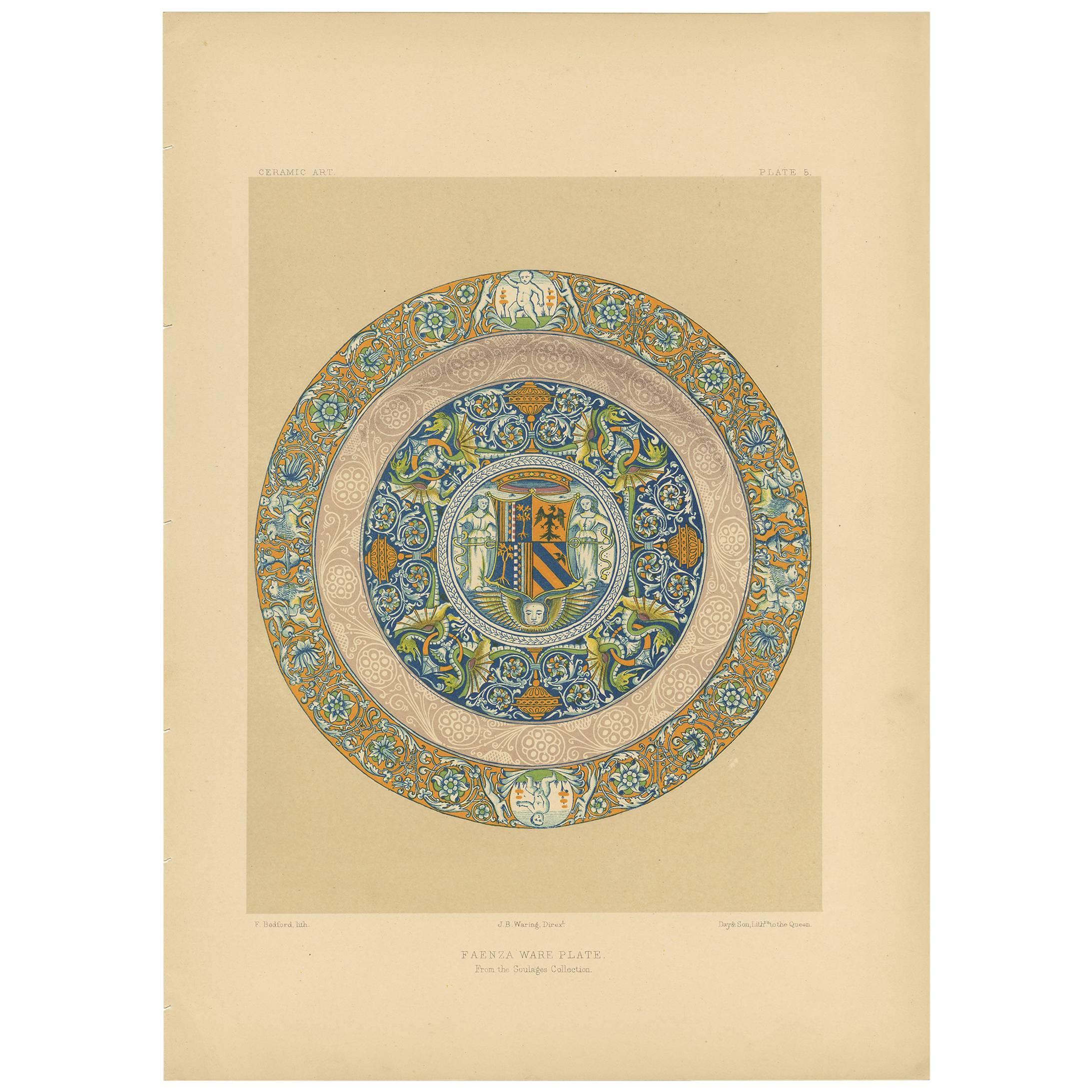 Pl. 5 Antique Print of Faenza Ceramic Plates by Bedford, circa 1857