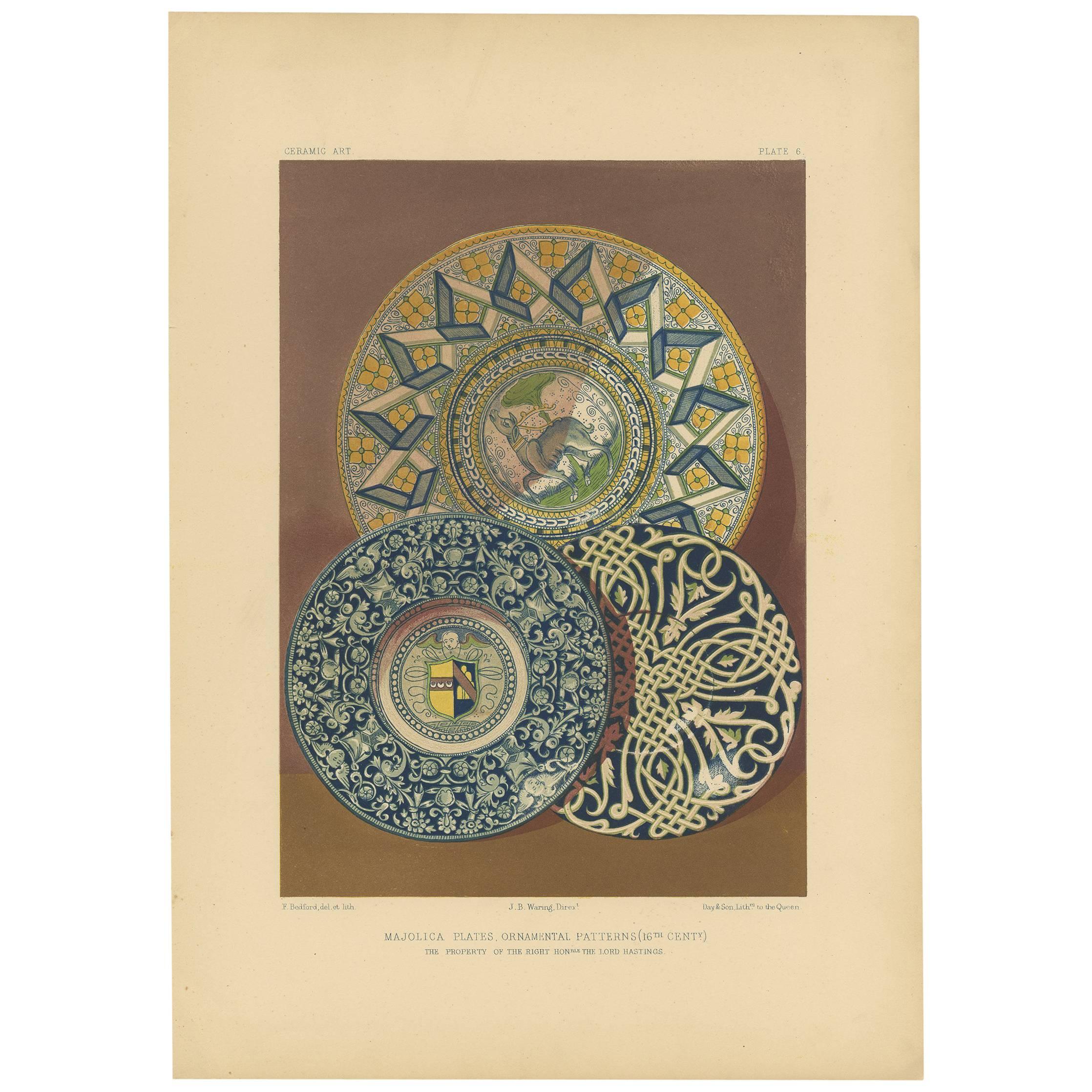 Pl. 6 Antique Print of Majolica Plates by Bedford, circa 1857 For Sale