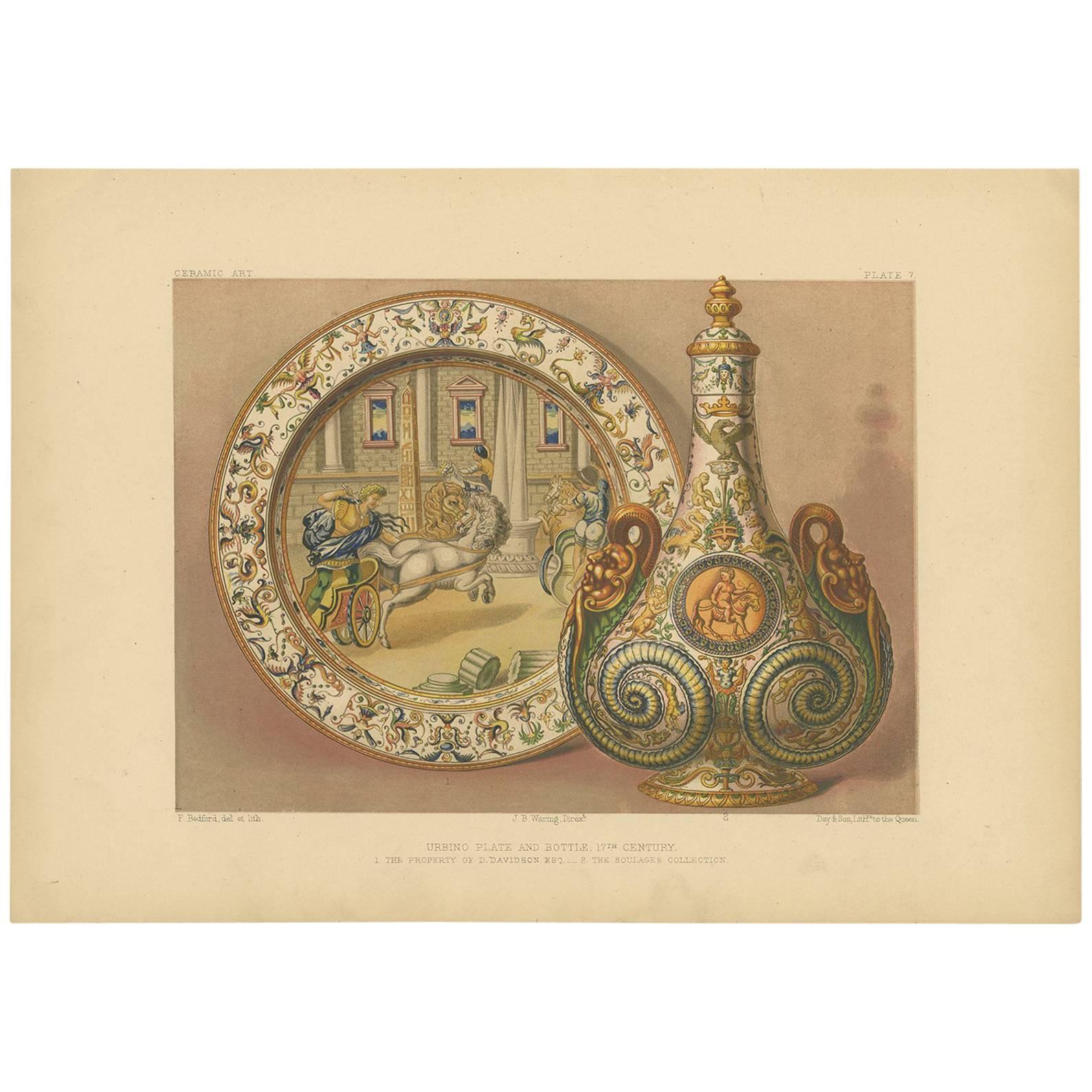 Impression ancienne d'une assiette et d'une bouteille en céramique de l'Ouralbino Pl. 7 par Bedford, vers 1857