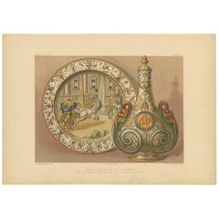 Pl. 7 Antique Print of an Urbino Ceramic Plate and Bottle by Bedford, circa 1857