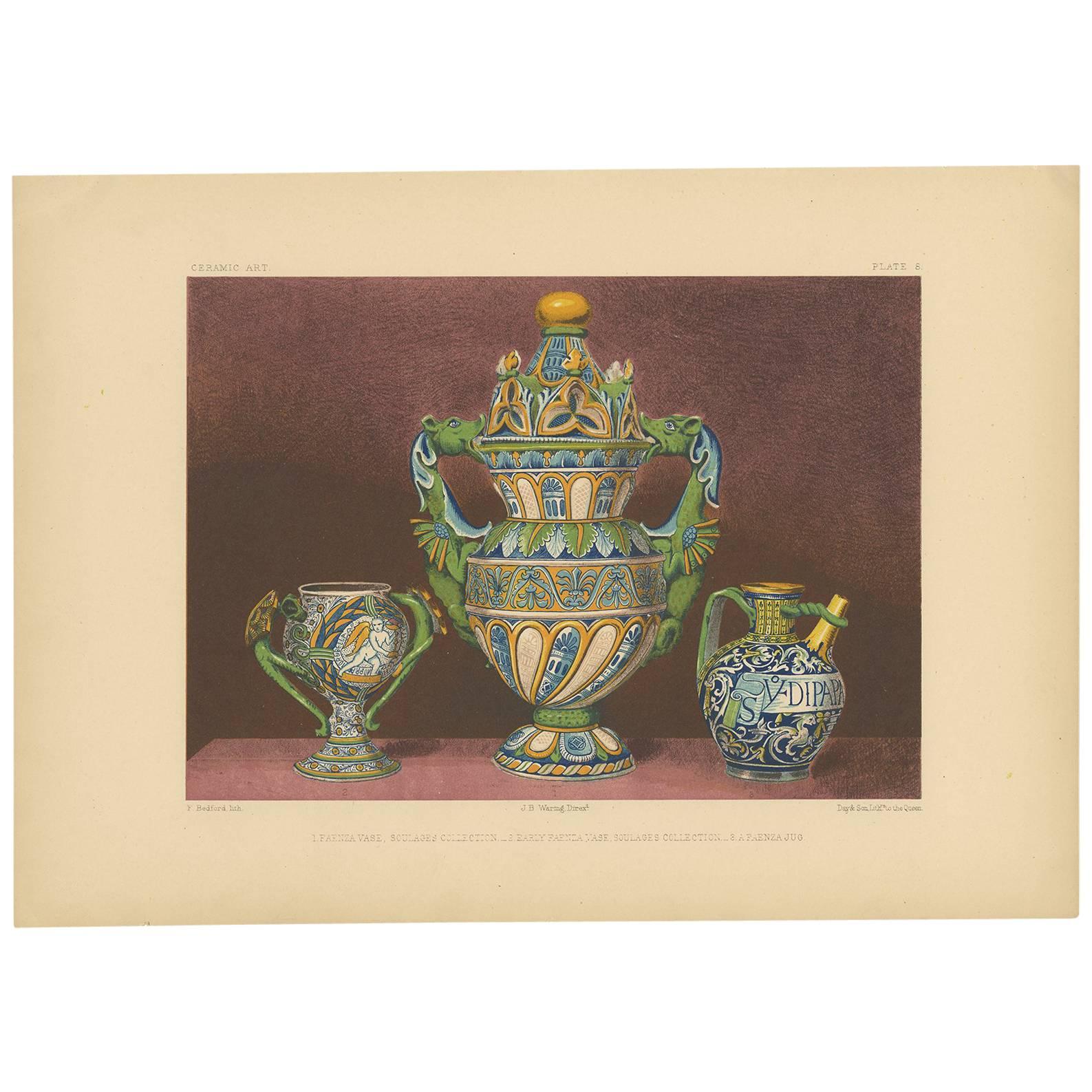 Pl. 8 Antique Print of a Faenza Ceramic Vase by Bedford, circa 1857 For Sale