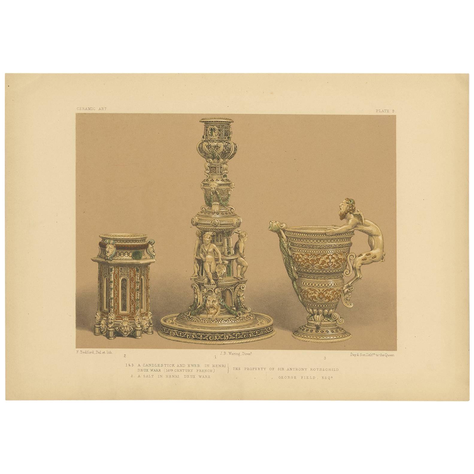 Pl. 9 Antique Print of Henri Deux Ware by Bedford, circa 1857 For Sale