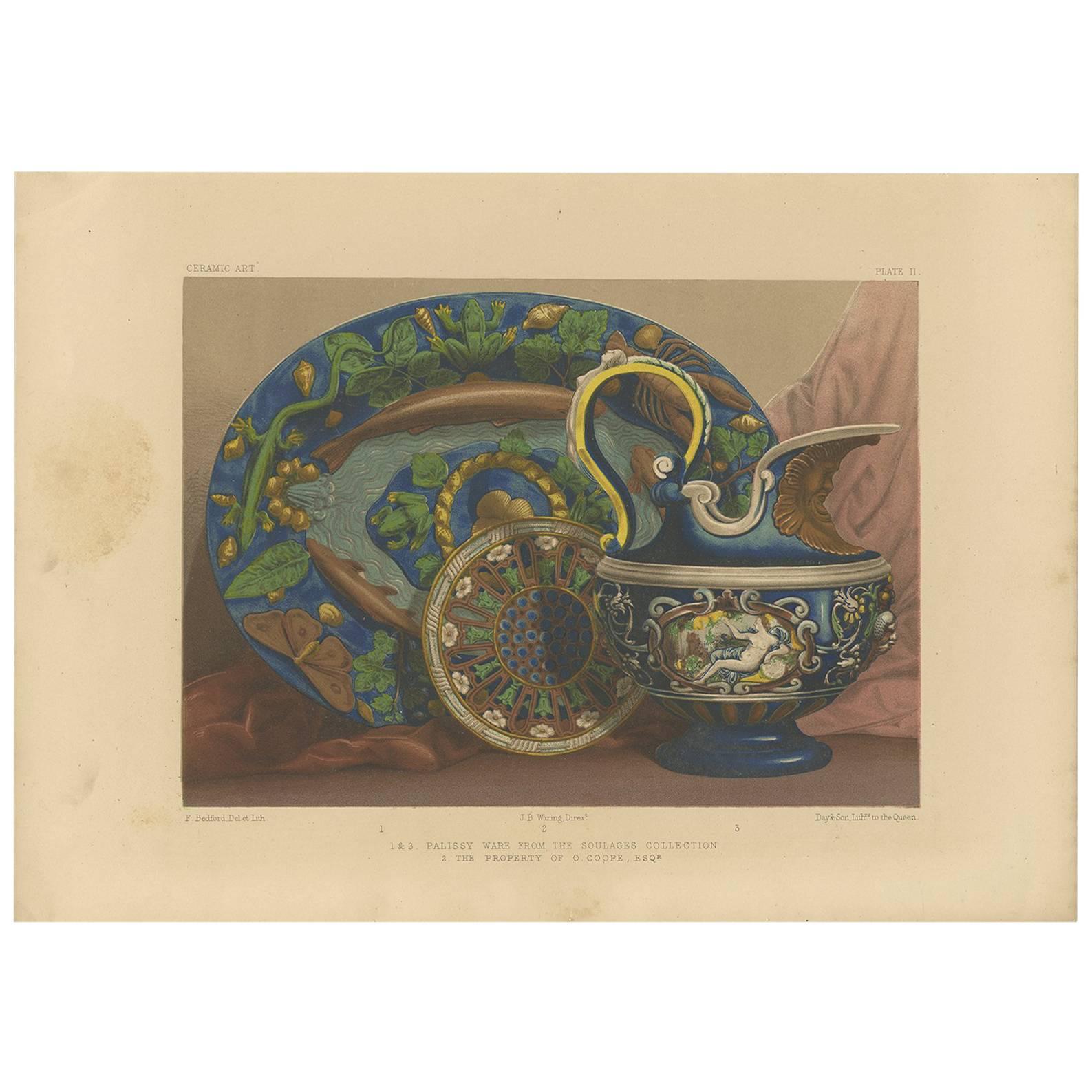 Pl. 11 Antique Print of Palissy Ware by Bedford, circa 1857 For Sale