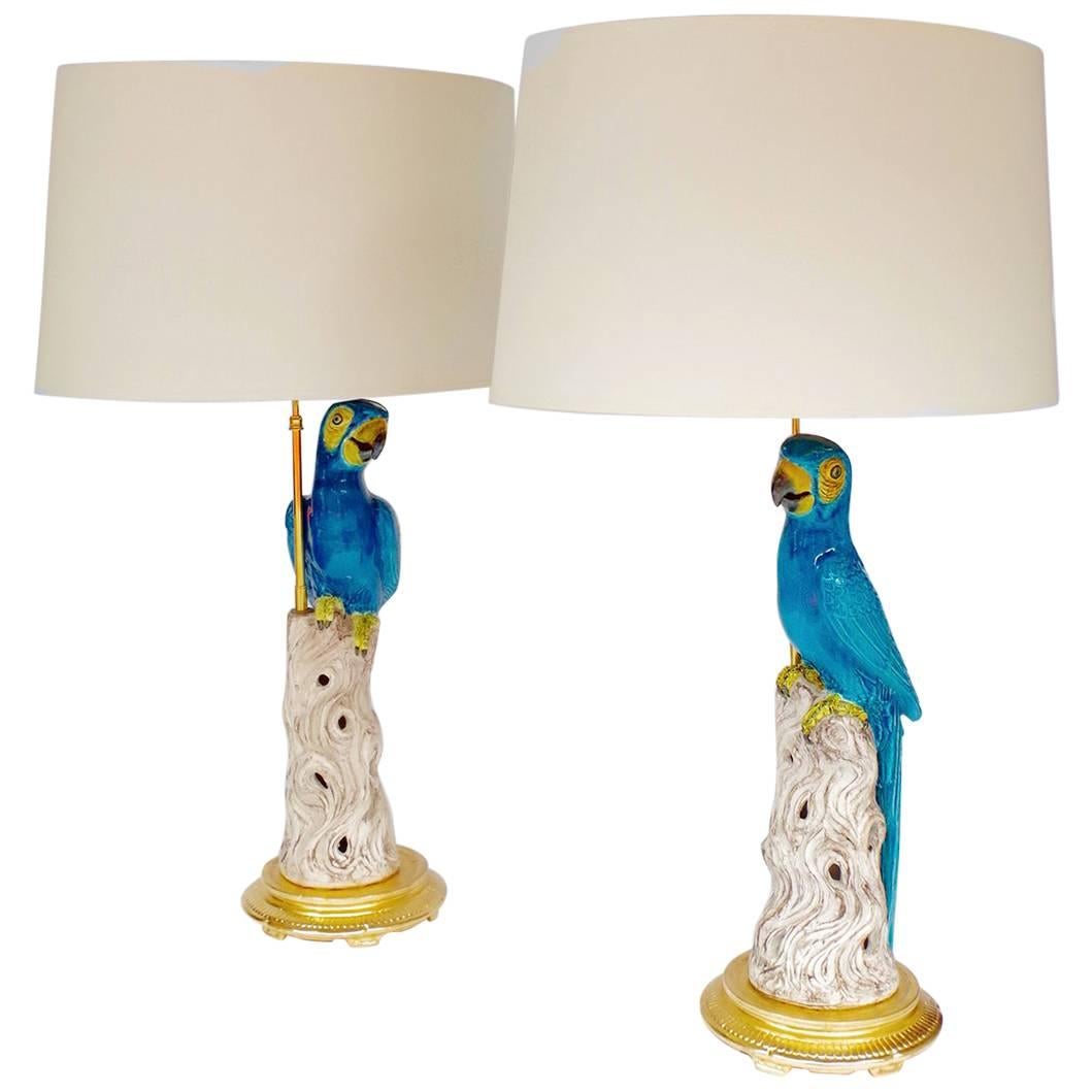 Pair of Blue Parrots Lamps in Faience, circa 1970 For Sale