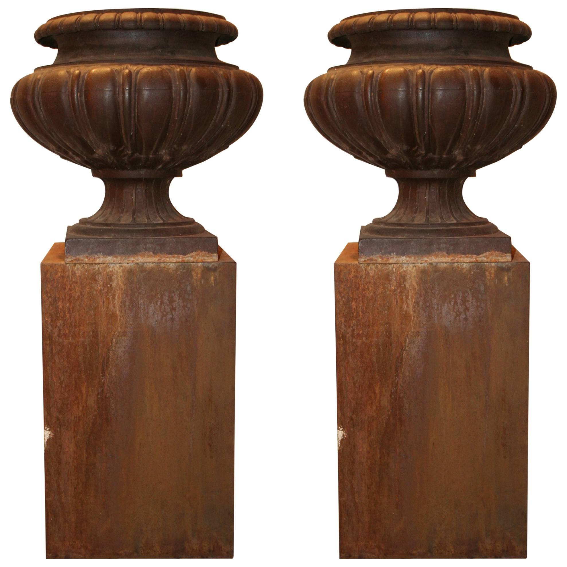 Pair of Cast Iron French 19th Century Garden Urns For Sale