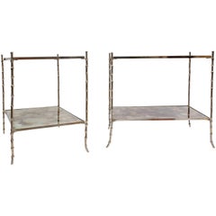 Pair of Bamboo Style End Tables in Silvered Brass, Mirror and Glass, circa 1970