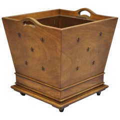 Vintage French Regency Style Walnut and Brass Fleur de Lis Wastebasket Planter on Wheels