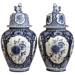 Pair of 20th Century Dutch Blue and White Maastricht Delft Ginger Jars with Lids