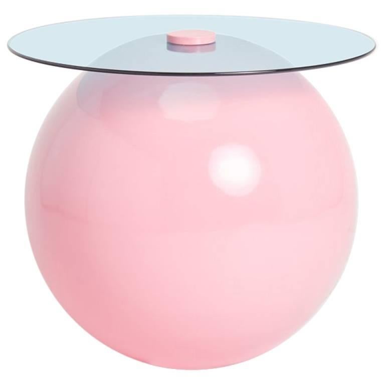 Pluto Table, Powder Pink with Blue Glass For Sale