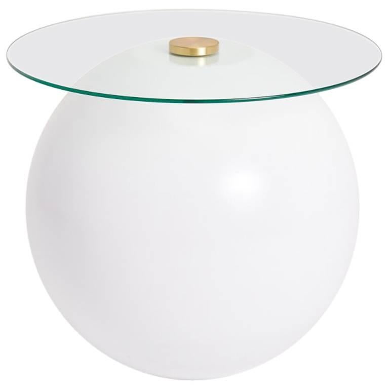 Pluto Table, Matte White with Clear Glass For Sale
