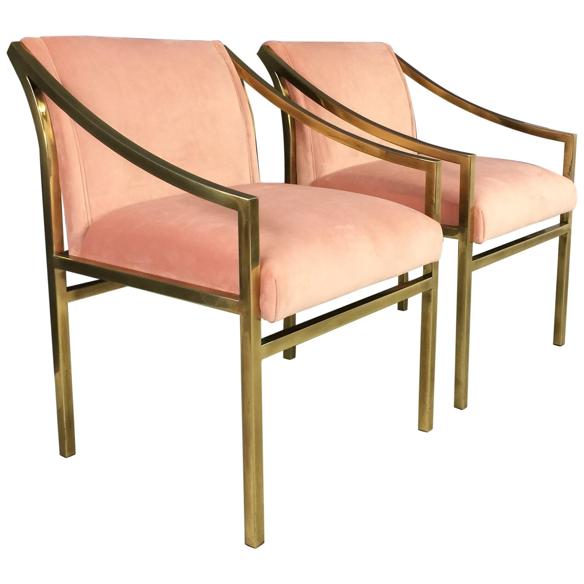 Pair of Blush Pink Velvet and Brass Armchairs