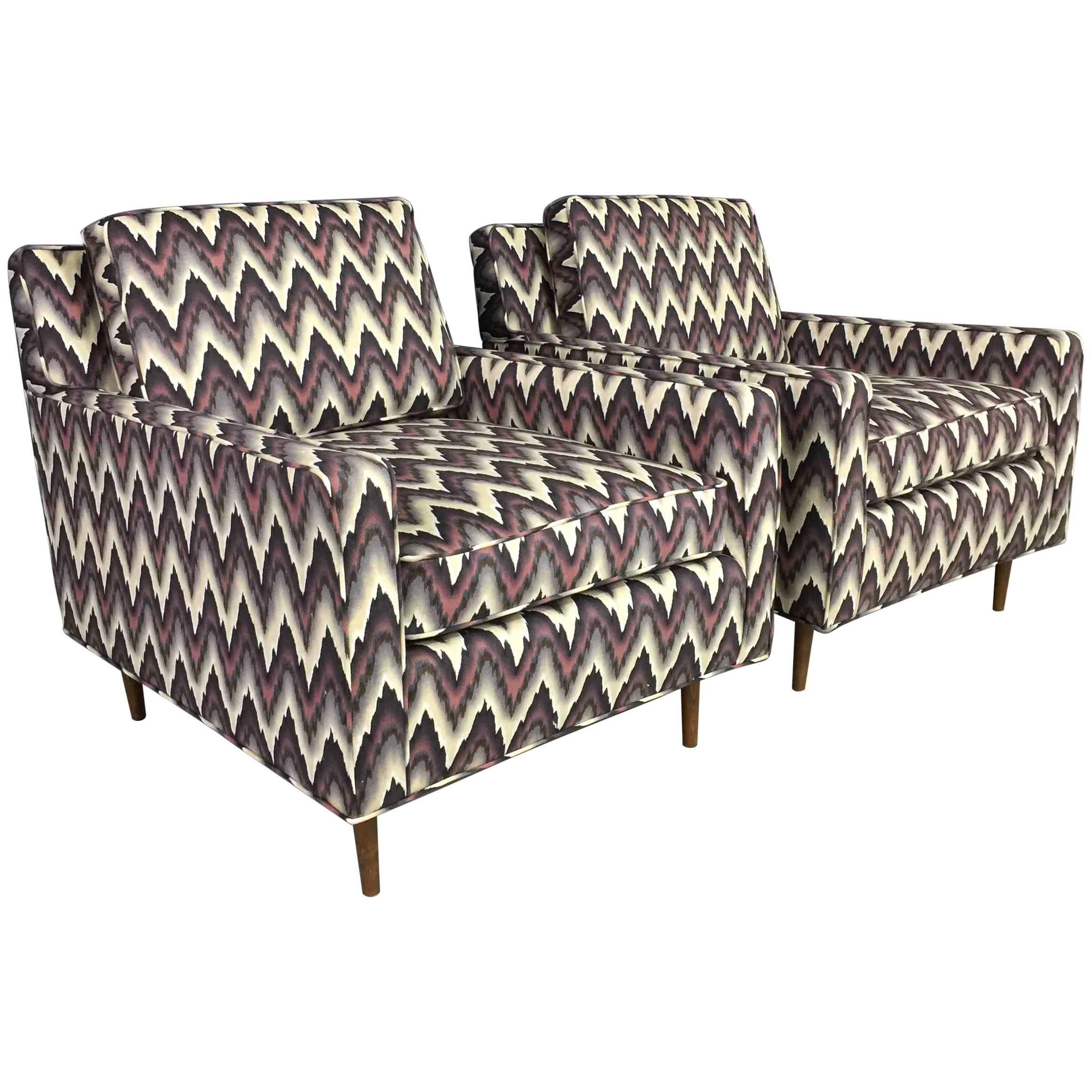 Pair of Mid-Century Modern Flame Stitch Chevron Cube Chairs