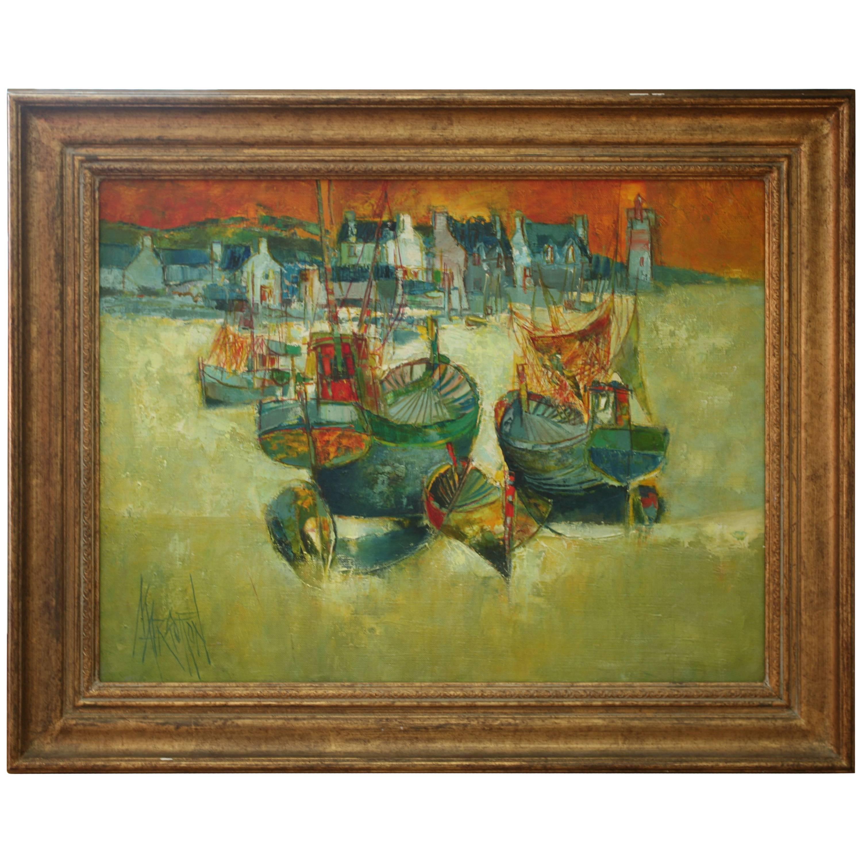 20th Century Painting "Port aux Reflets d'or" by Rene Margotton For Sale