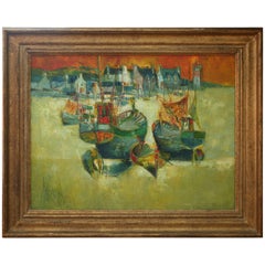 Tableau du 20e siècle "Port aux Reflets d'or" de Rene Margotton