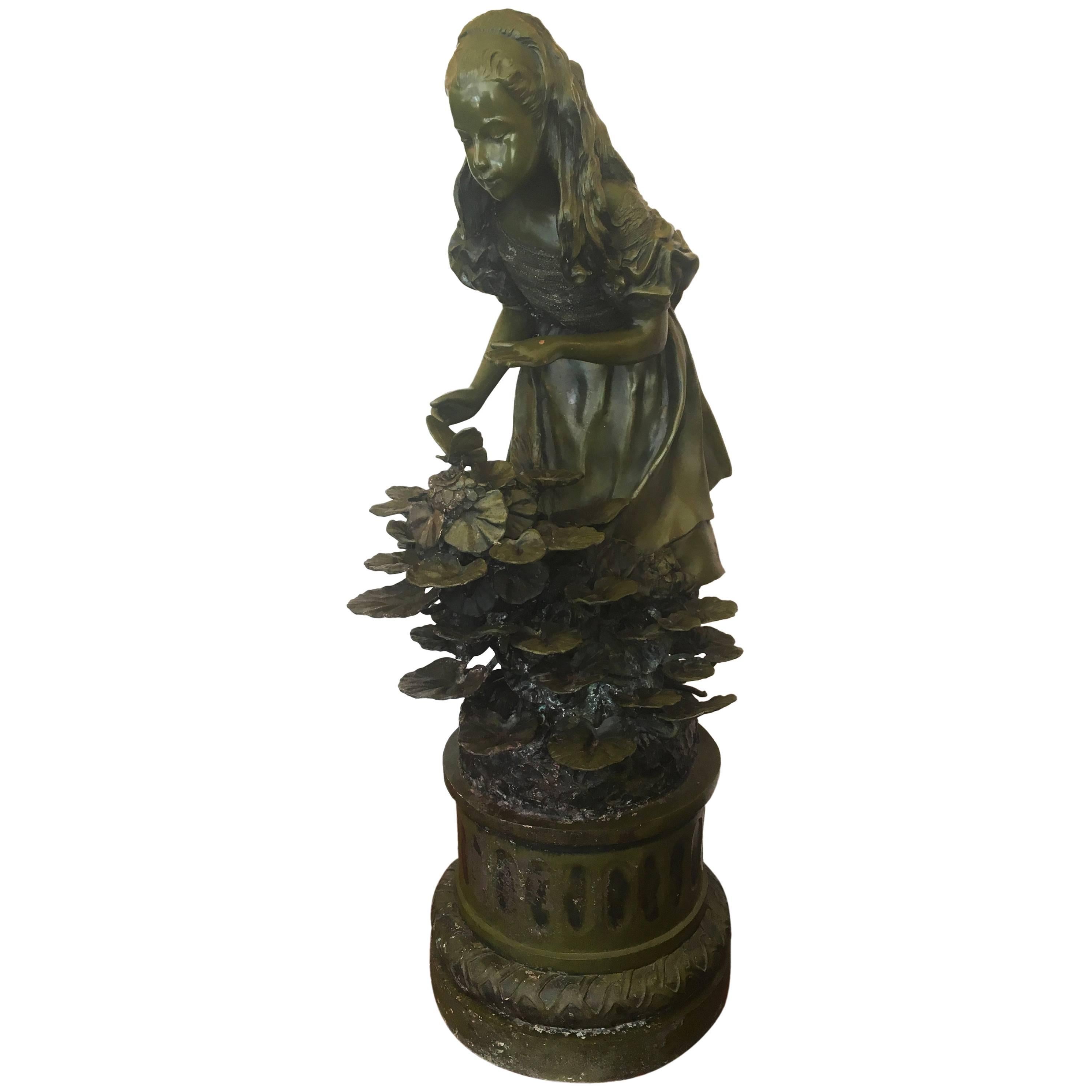 Early 20th Century French Bronze "Young Girl Catching a Butterfly" Fountain