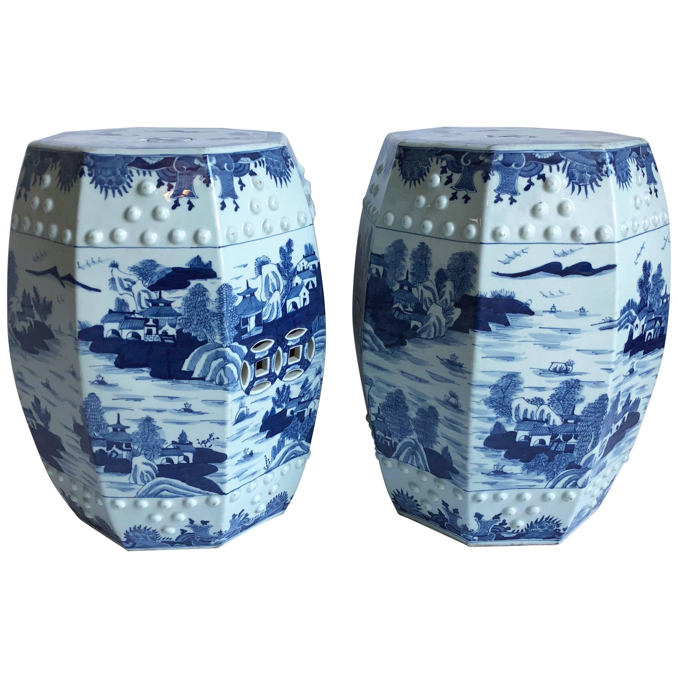 Pair of Chinese Blue and White Octagonal Garden Stools