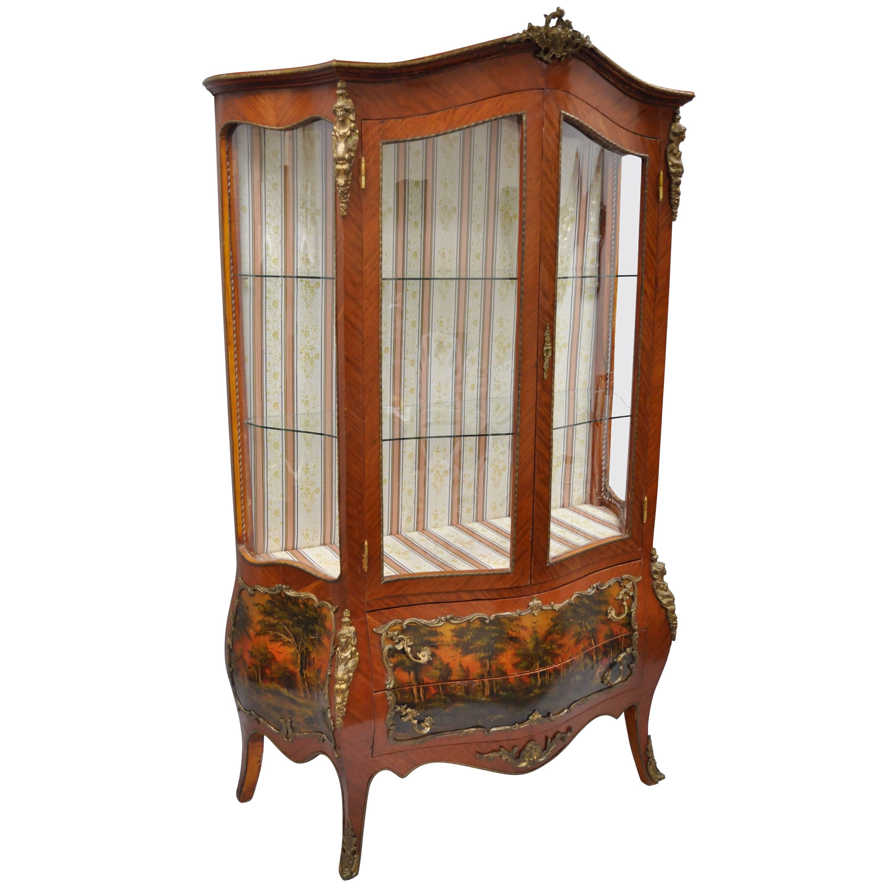 Louis XV French Style Reproduction Bombe Curio China Cabinet Vitrine with Bronze