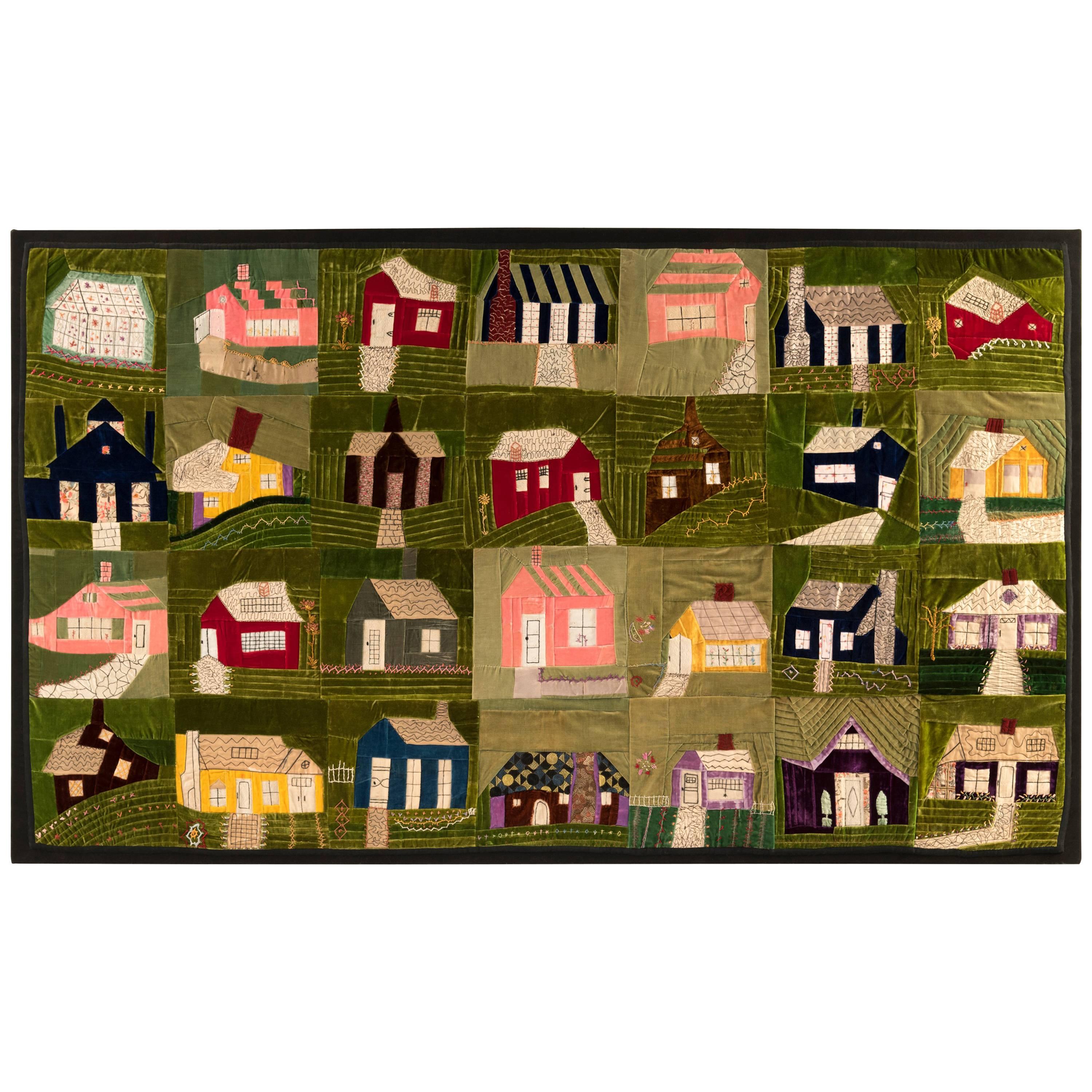 Mid-Century Polychrome Patchwork Quilt of 28 Buildings For Sale