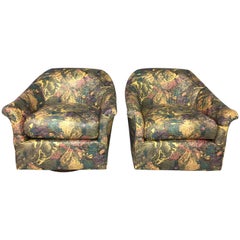 Pair of 1980s Splatter Fabric Wood Base Swivel Chairs
