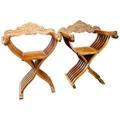 19th Century Renaissance Savonarola Folder Chairs in Carved Walnut