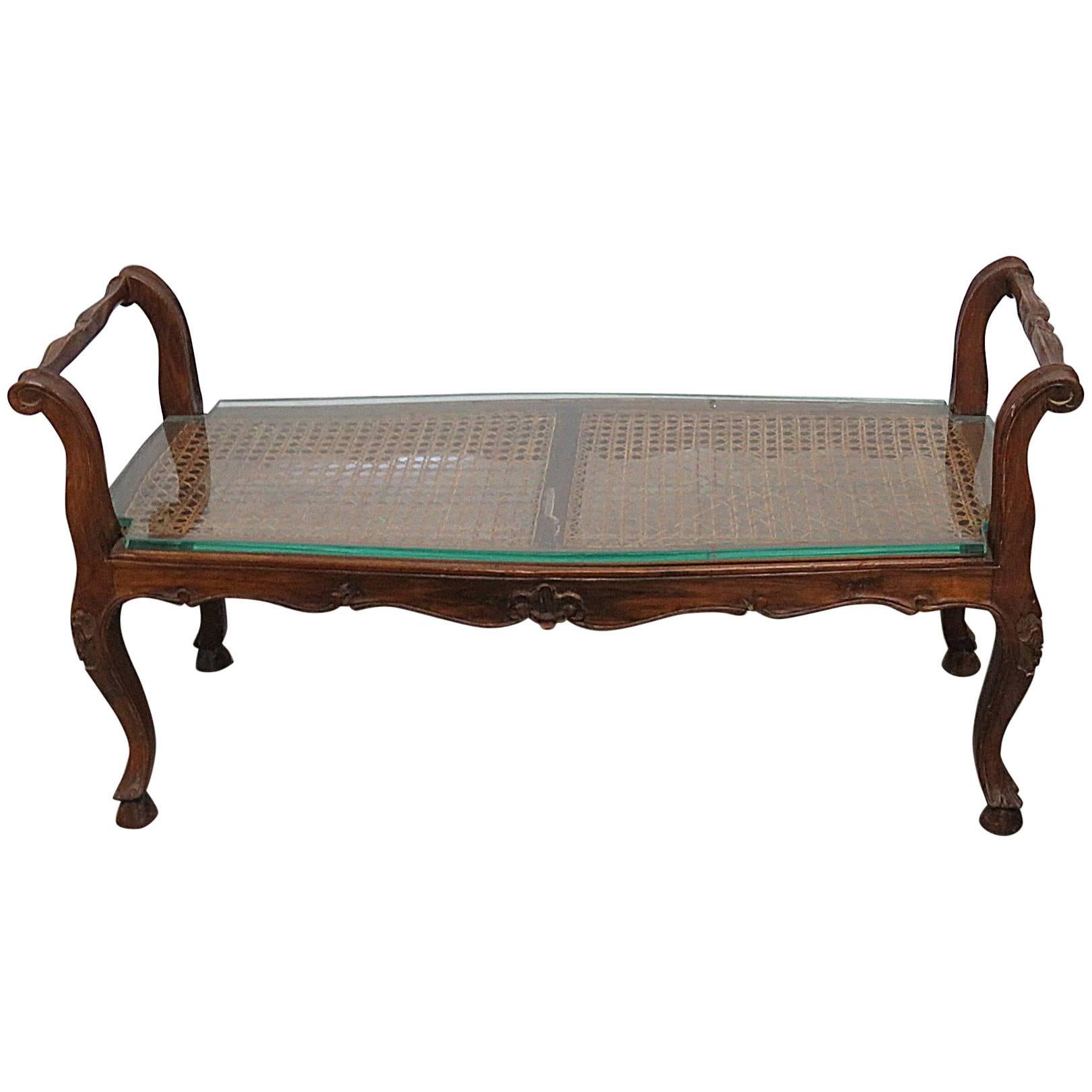 Carved Walnut Regency Style Cane Bench Shape Coffee Table