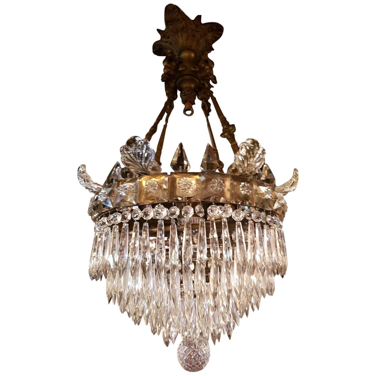 Antique Waterfall Chandelier with Crystal Pinnacles and Glass Ornaments For Sale