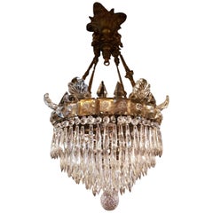 Antique Waterfall Chandelier with Crystal Pinnacles and Glass Ornaments