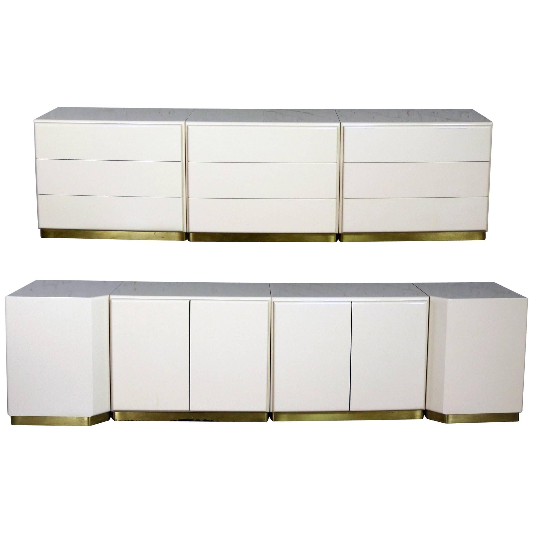 Milo Baughman Thayer Coggin Ivory Lacquered Set of 7, 5 Cabinets 2 Corner Units