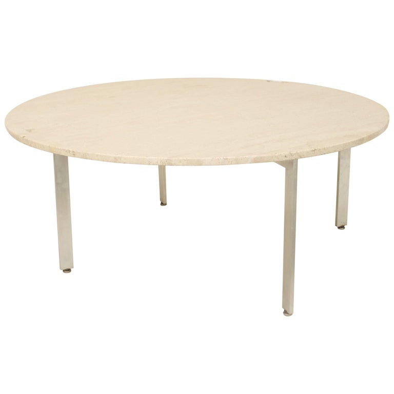 Midcentury French Six Leg Round Coffee Table With Geometric Parquet American Midcentury Round Coffee Table With Travertine Top