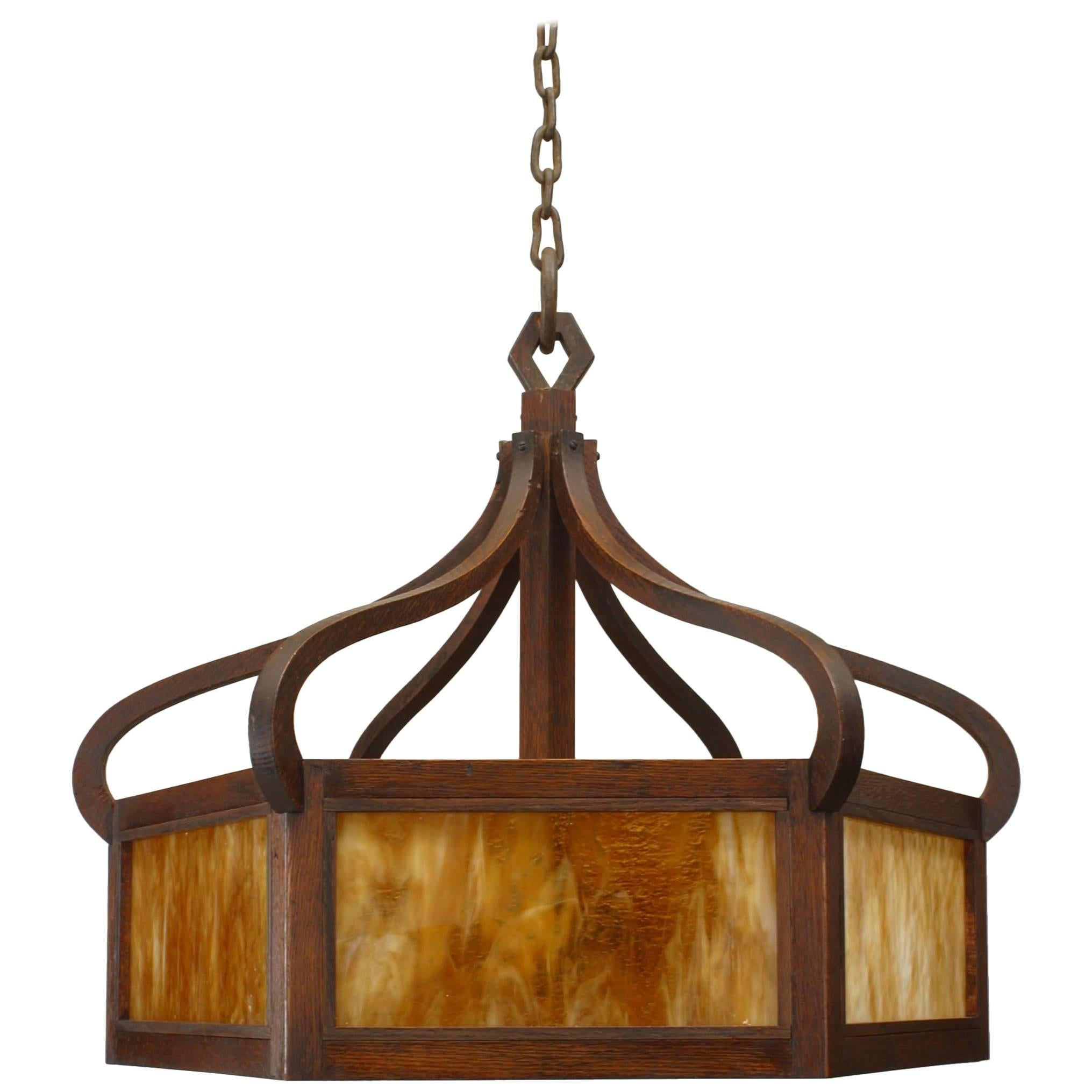 American Mission Oak and Slag Glass Chandelier