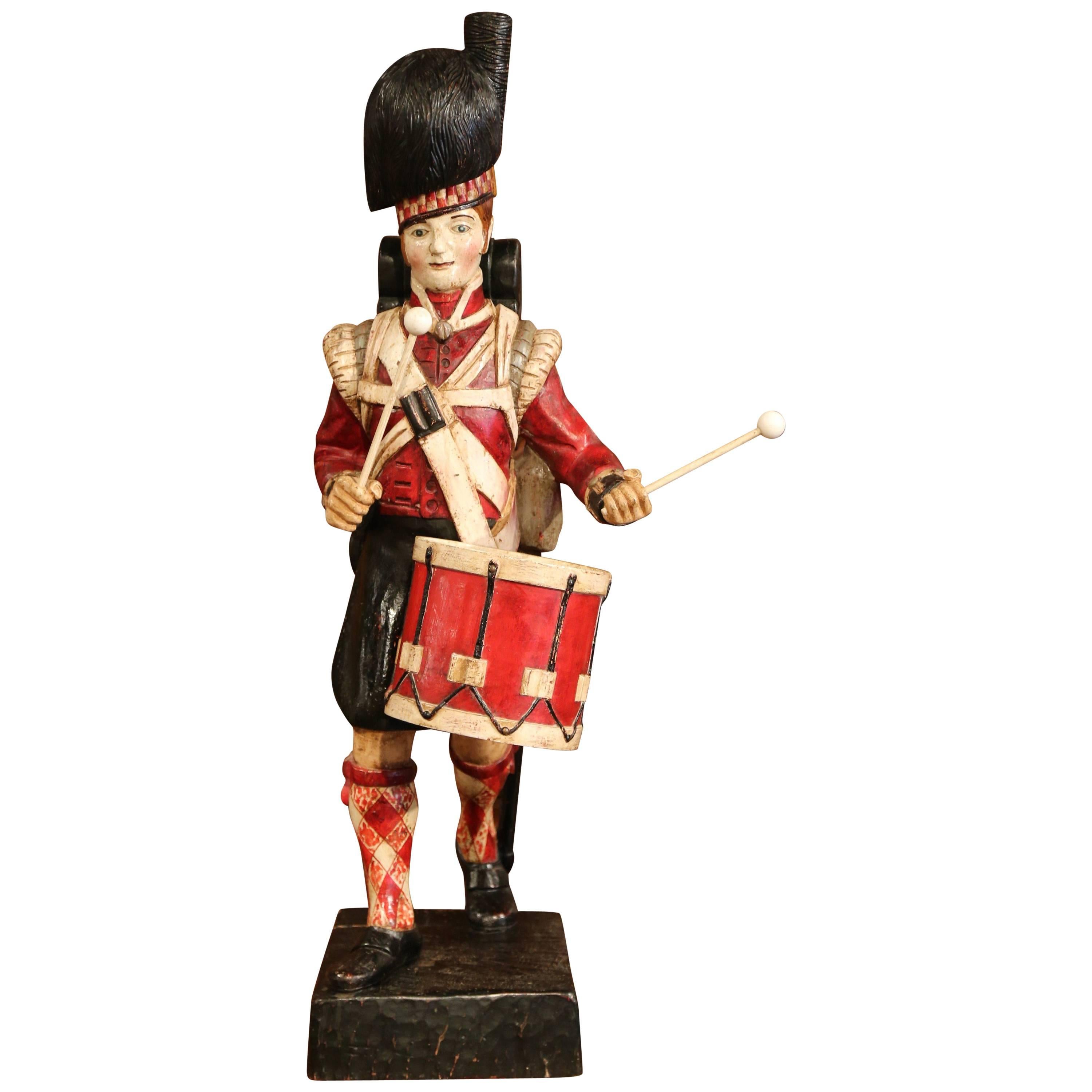 19th Century Scottish Carved Polychrome Wood Figure of Military Drummer