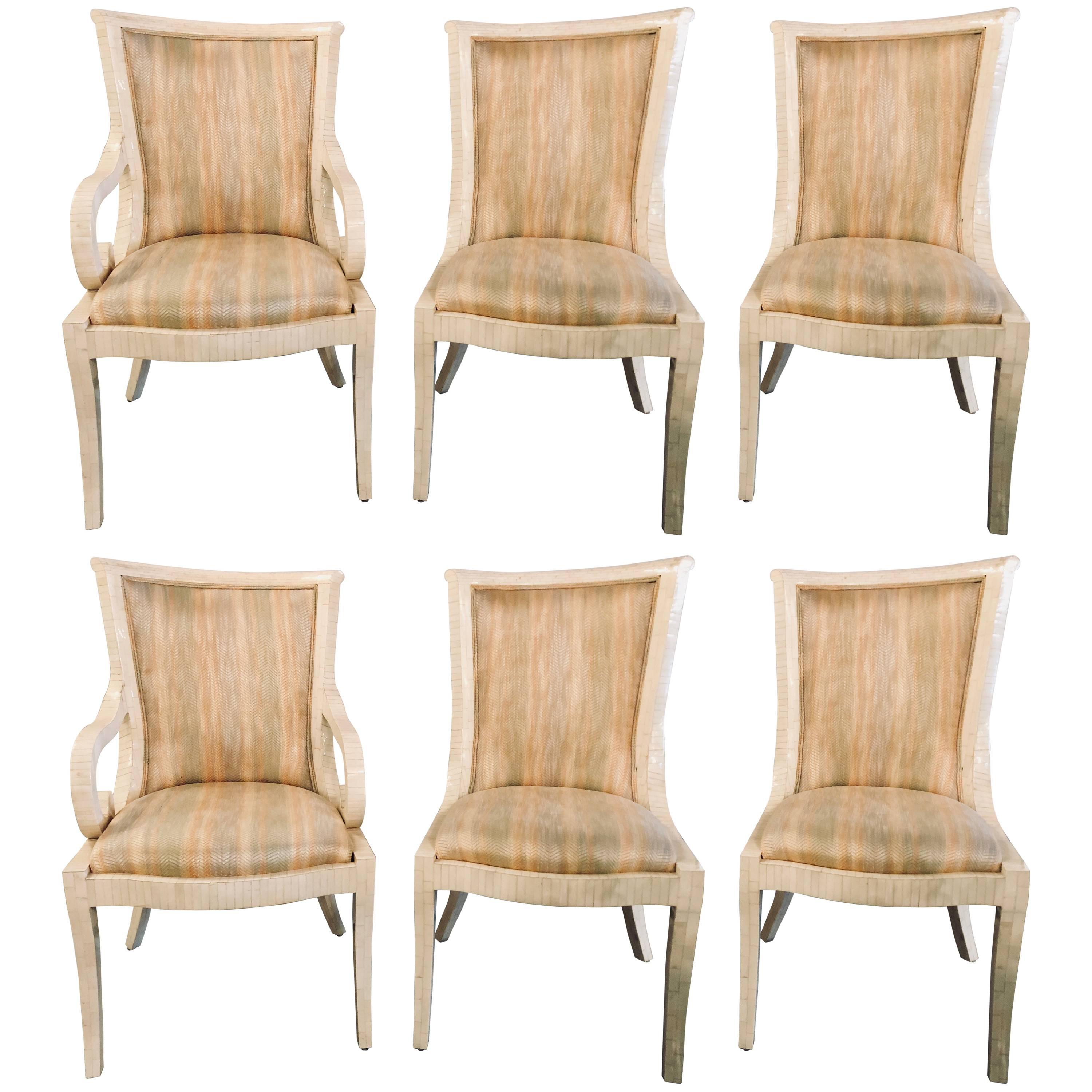 Set of Six Enrique Garcel Bone Tessellated Dining Chairs, Karl Springer