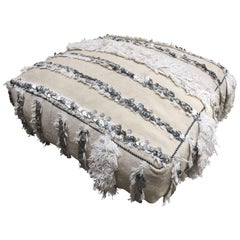 Used Moroccan Wedding Floor Pillow Pouf with Silver Sequins and Long Fringes