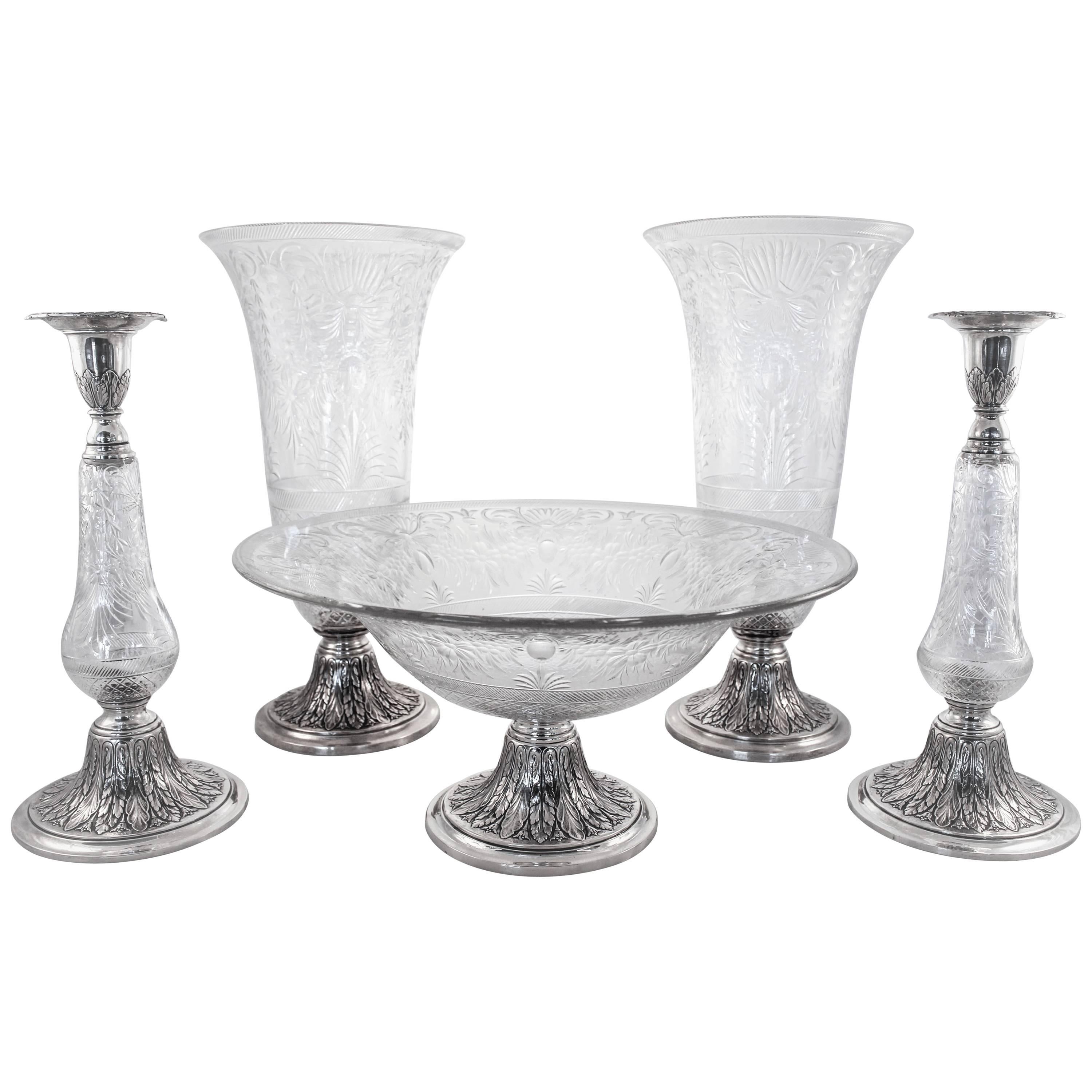 Five Piece Sterling and Crystal Suite For Sale
