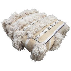 Moroccan Wedding Floor Pillow Pouf with Silver Sequins and Long Fringes