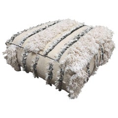 Used Moroccan Wedding Floor Pillow Pouf with Silver Sequins and Long Fringes