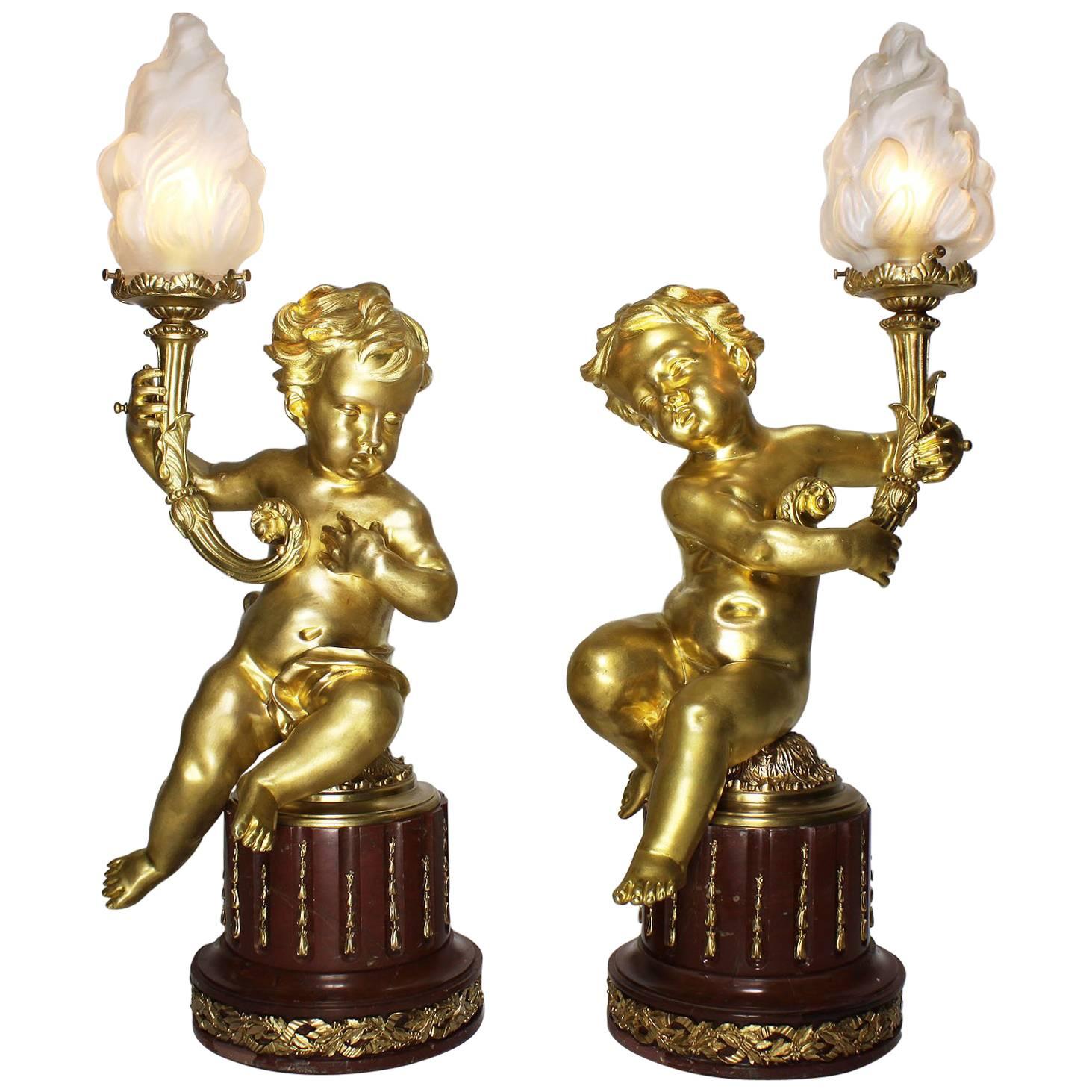 Pair of French 19th-20th Century Louis XV Style Gilt-Bronze Putti Table Lamps For Sale