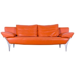 Rolf Benz Sob 1600 Designer Sofa, Orange Leather Three-Seater Couch, Modern