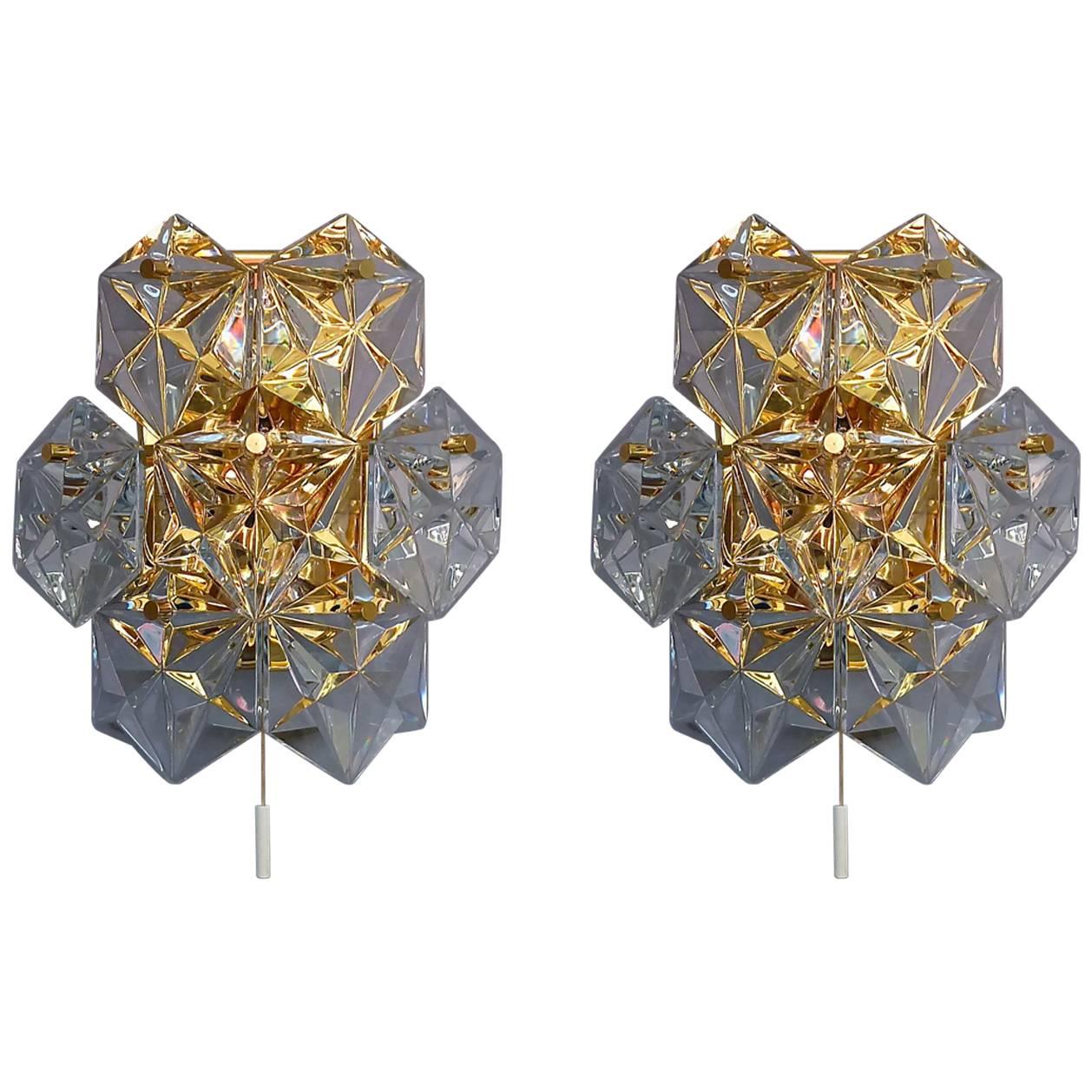 Pair Kinkeldey Wall Lights Sconces Gilt Brass Metal Faceted Crystal Glass, 1970s For Sale