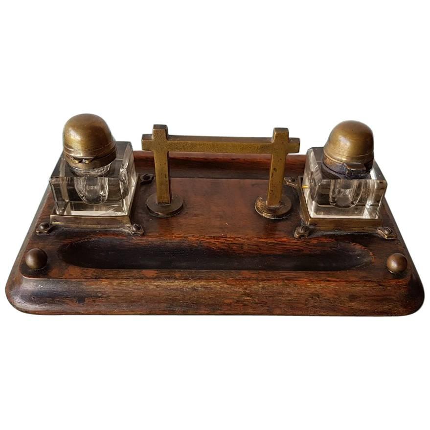 Late 19th Century Inkwell or Inkstand with Wood, Brass and Glass